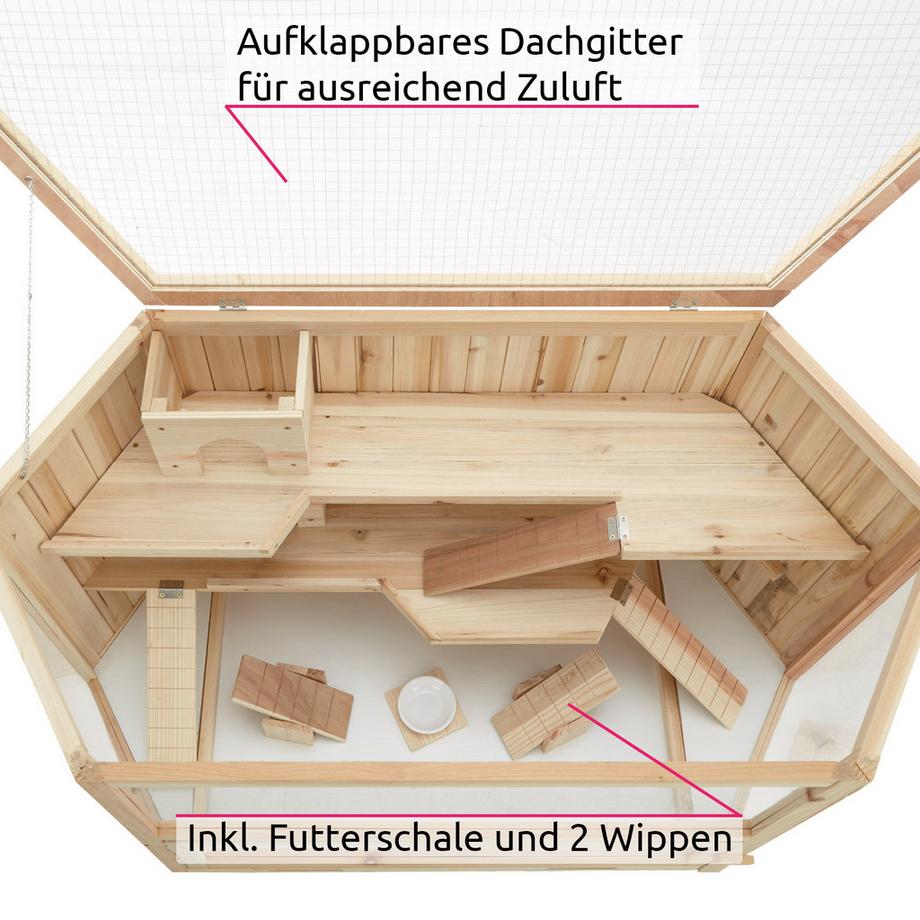 Tectake  Hamsterkäfig Benni aus Holz mit 3 Etagen und 3 Rampen, große Plexiglasscheiben 