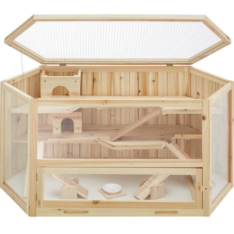 Tectake  Hamsterkäfig Benni aus Holz mit 3 Etagen und 3 Rampen, große Plexiglasscheiben 