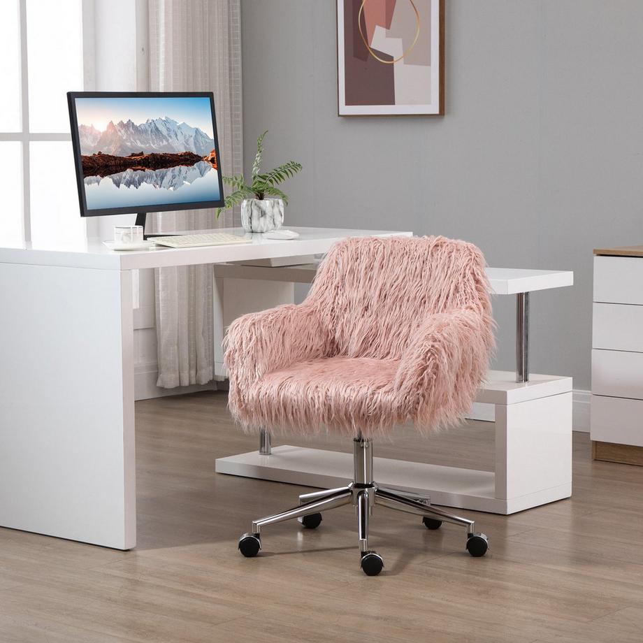 Northio Fauteuil De Direction Pivotant, Chaise D'Ordinateur Avec Siège En Fausse Fourrure, Réglage De La Hauteur, Mousse Synthétique Rose + Argent 57 X 60 X 75-85 Cm  