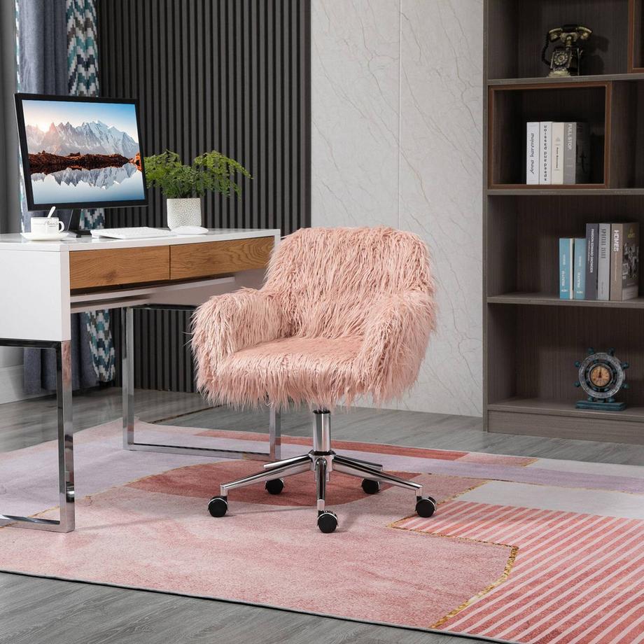 Northio Fauteuil De Direction Pivotant, Chaise D'Ordinateur Avec Siège En Fausse Fourrure, Réglage De La Hauteur, Mousse Synthétique Rose + Argent 57 X 60 X 75-85 Cm  