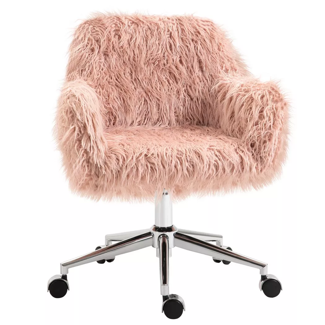 Northio – Chefsessel Drehstuhl Computerstuhl Mit Kunstfell Sitzhöhenverstellung Kunstpelz Schaumstoff Rosa+Silber 57 X 60 75-85 Cm, 65 CM