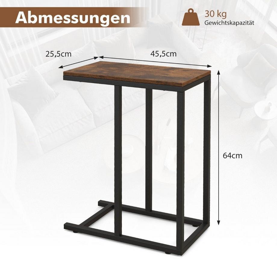 Northio Beistelltisch C-Form Sofatisch mit Metallgestell Kaffeetisch für Wohnzimmer Rustikales Braun  