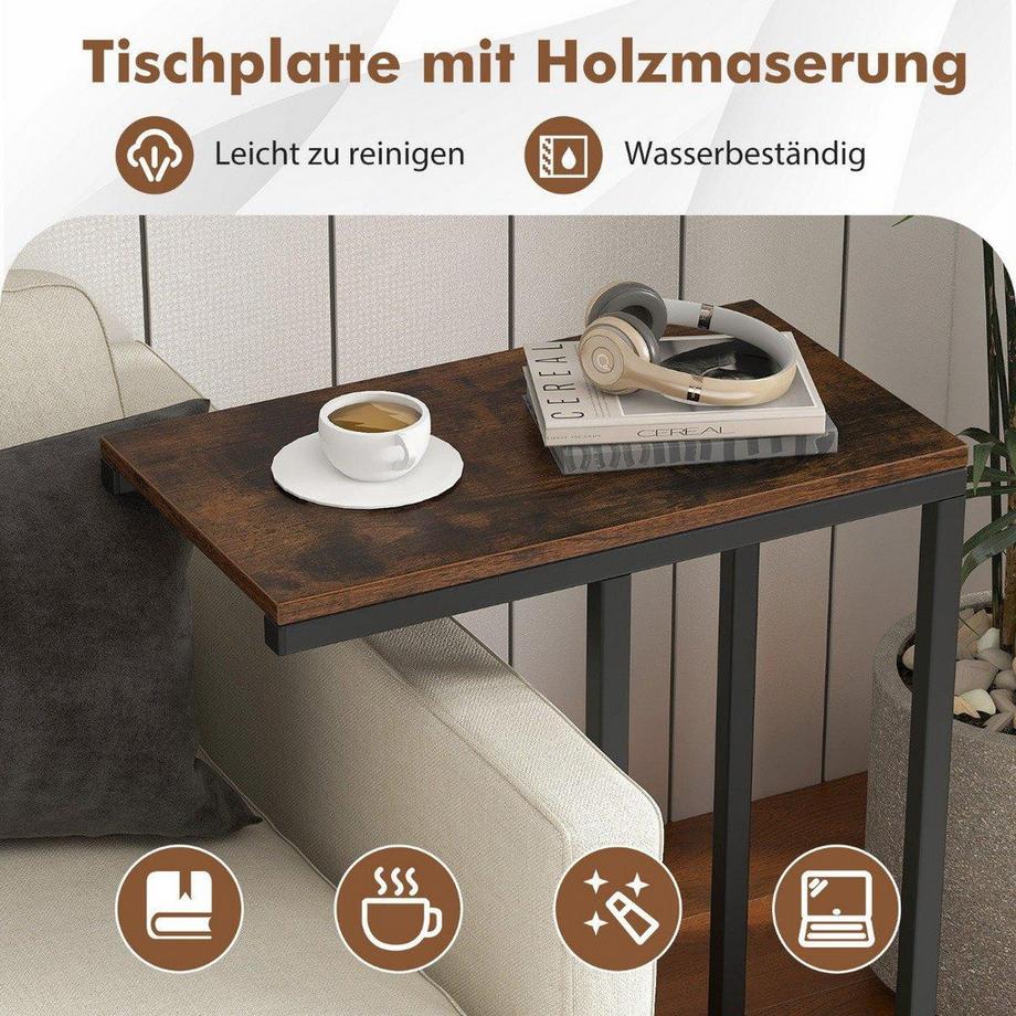 Beistelltisch C-Form Sofatisch mit Metallgestell Kaffeetisch für Wohnzimmer Rustikales Braun