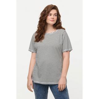 Ulla Popken  T-shirt in cotone biologico con mix di righe, scollo a girocollo e mezze maniche 