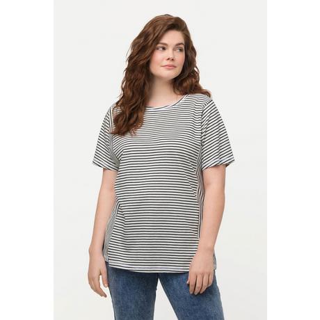 Ulla Popken  T-shirt in cotone biologico con mix di righe, scollo a girocollo e mezze maniche 