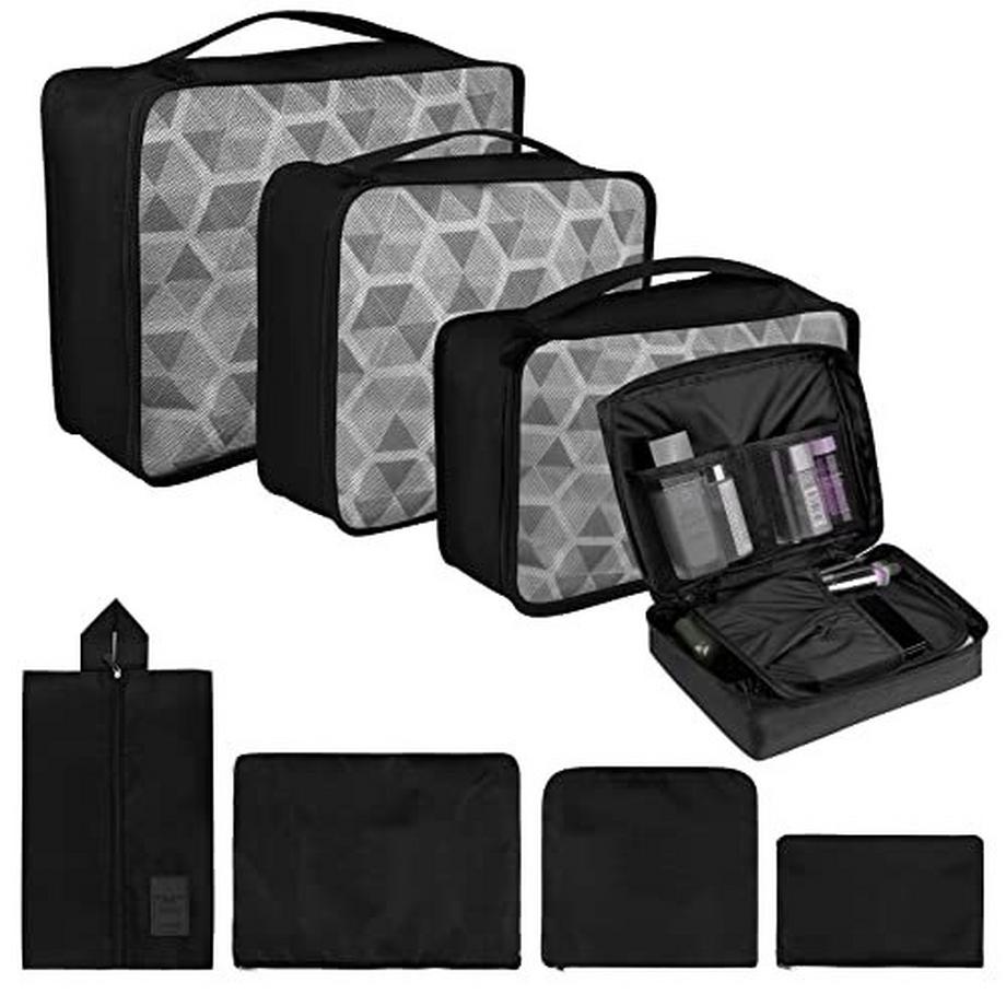 Only-bags.store  Lot de 8 cubes de rangement, cubes d'organisation pour valise, avec sac à chaussures, sac à linge, organisateur de voyage, sacs à vêtements, pour sac à dos, noir 
