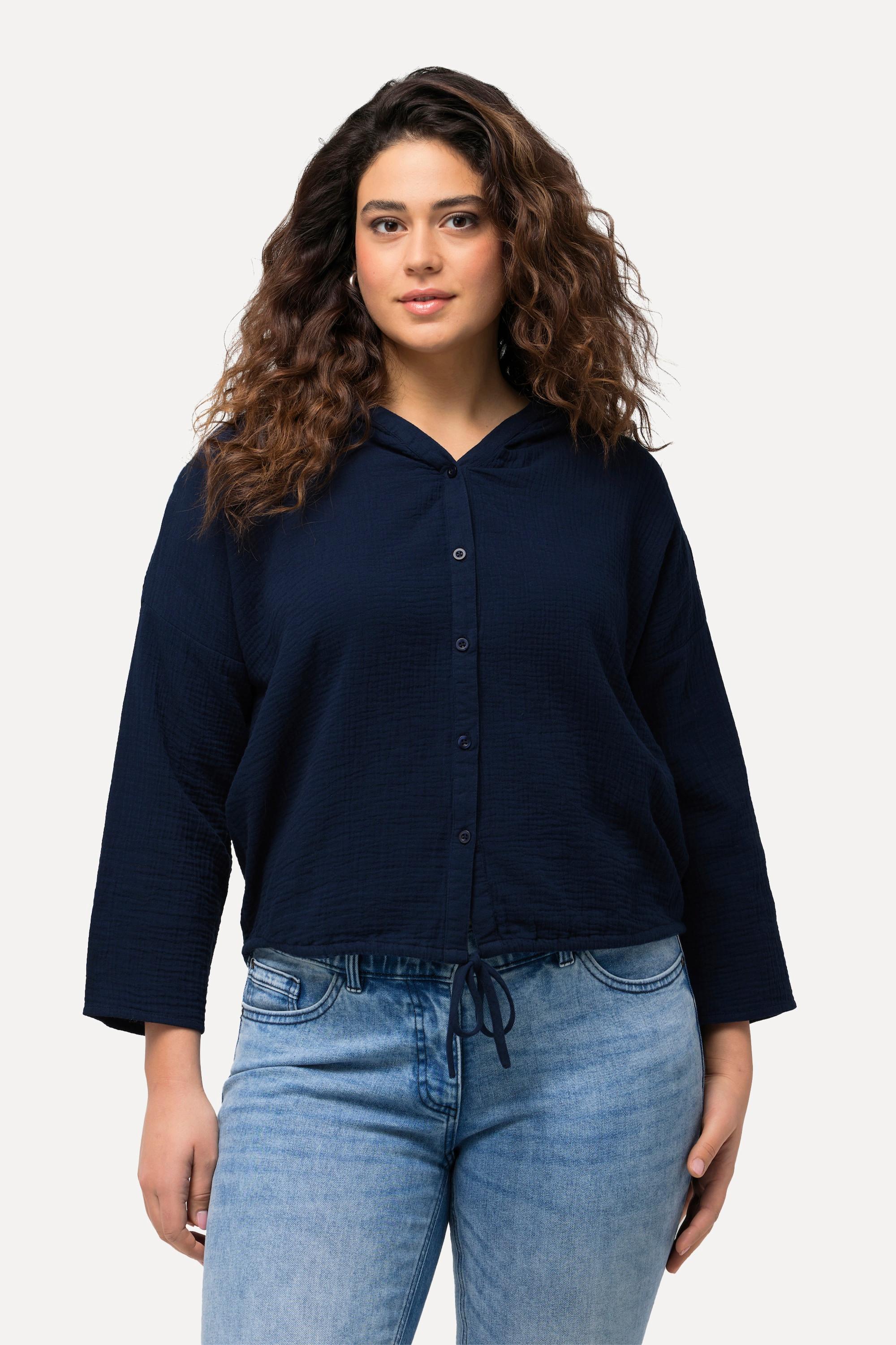 Ulla Popken  Bluse, Musselin, Kapuze, Oversized, 3/4-Arm 