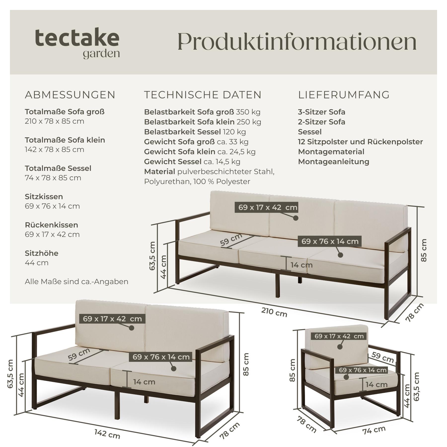 Tectake Set lounge da giardino Comosa per 6 persone, imbottitura XXL  