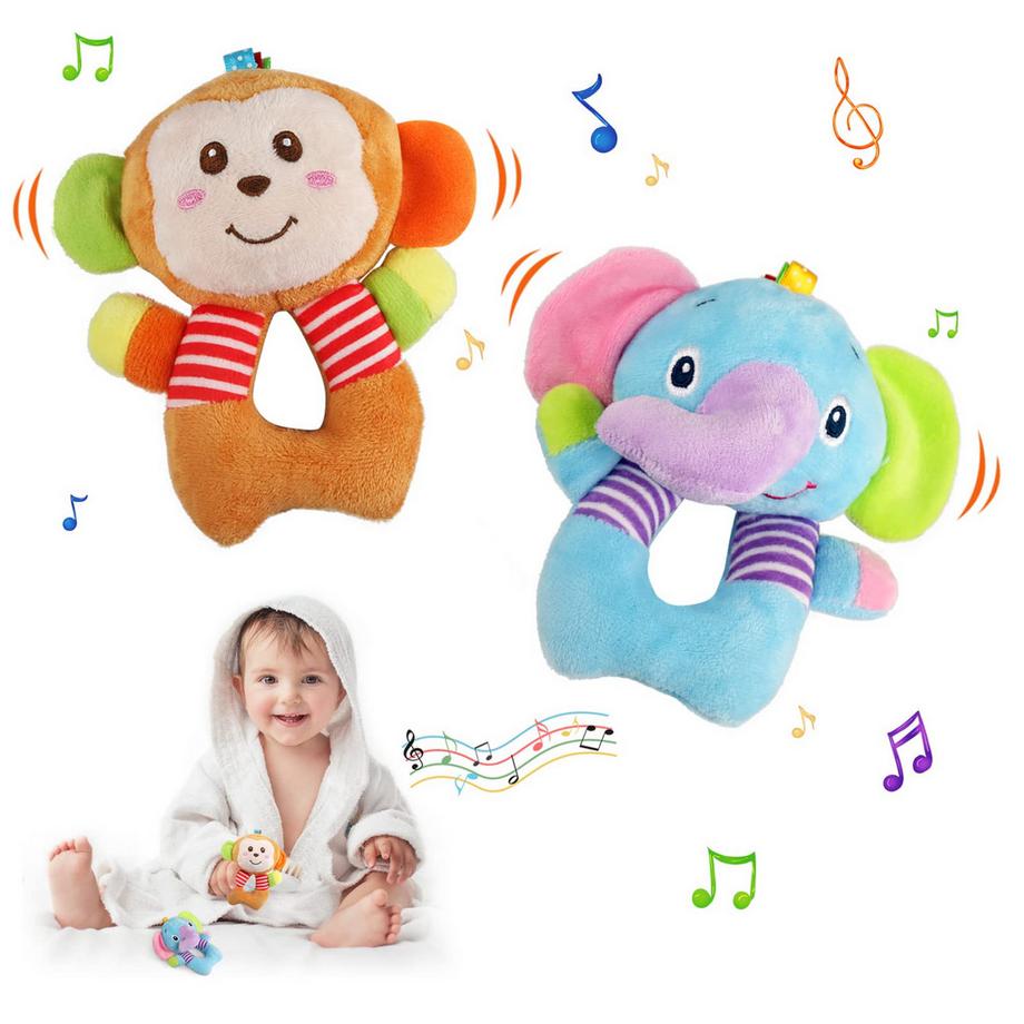 Baby-Rassel-Spielzeug, 2 Stück Greifspielzeug für Rassel Cartoon Tier Rassel Kleinkind Spielzeug mit Jingle Bell sensorische Spielzeug