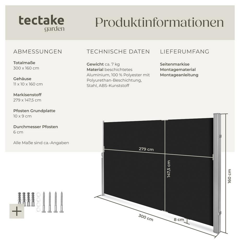 Tectake Seitenmarkise  aus Aluminium ausziehbar, blickdicht und wetterfest  