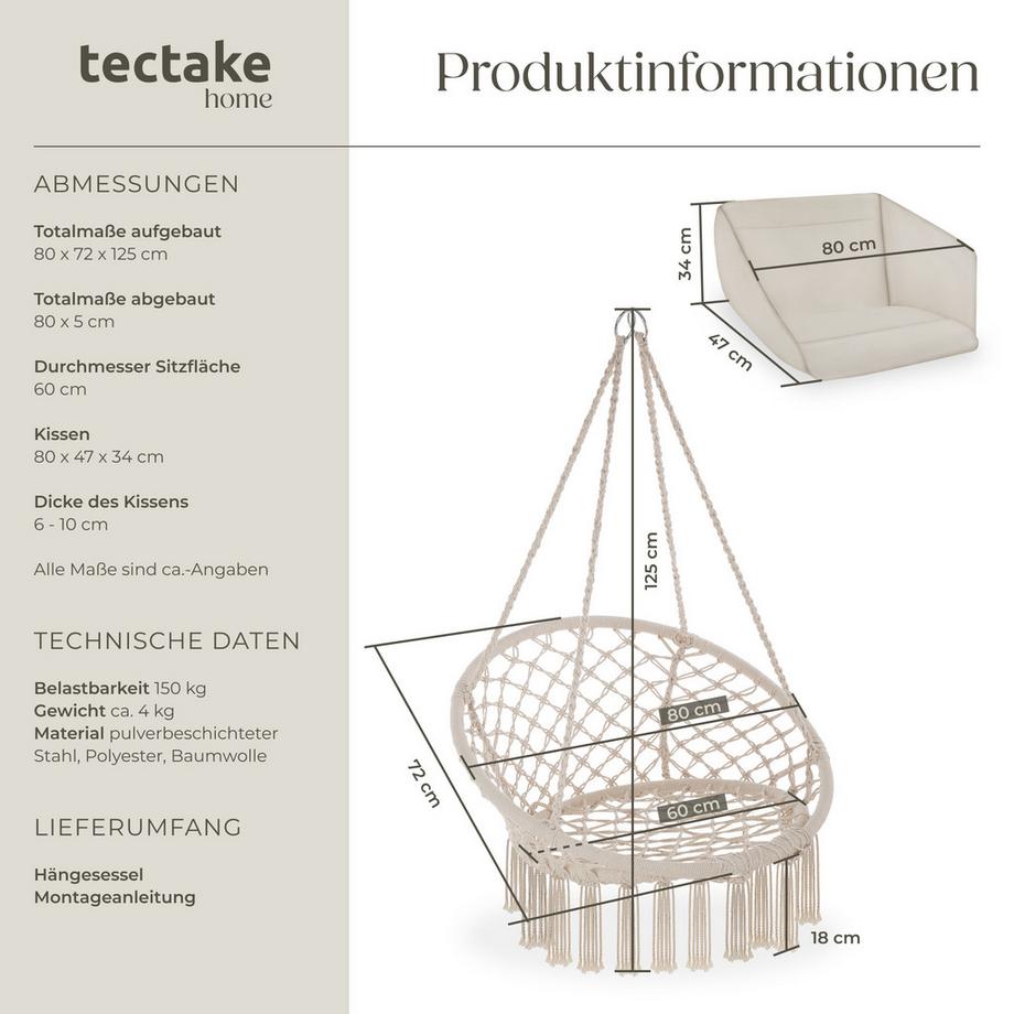 Tectake Poltrona sospesa Grazia con cuscini per seduta e schienale  