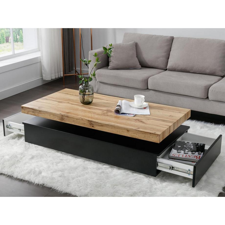 Vente-unique Table basse avec 2 tiroirs en MDF - Noir et naturel clair - FELIX  