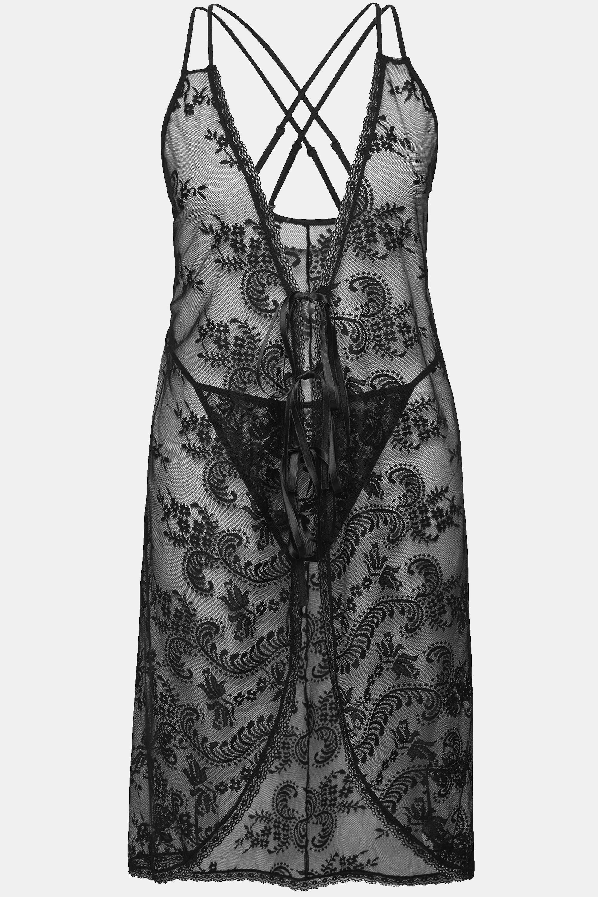 Ulla Popken Set 2 pezzi negligé e perizoma con dettagli in pizzo  