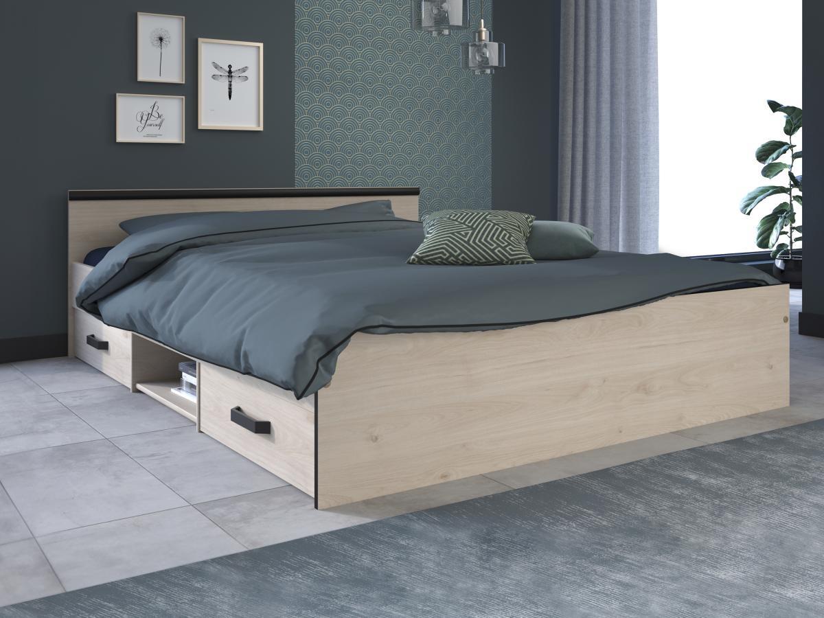 Vente-unique Letto con vani portaoggetti 140 x 190 cm 2 cassetti e 1 nicchia Naturale + Rete + Materasso - PABLO  