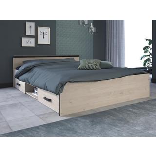 Vente-unique Lit avec rangements 140 x 190 cm - 2 tiroirs et 1 niche - Coloris : Naturel + Sommier + Matelas - PABLO  