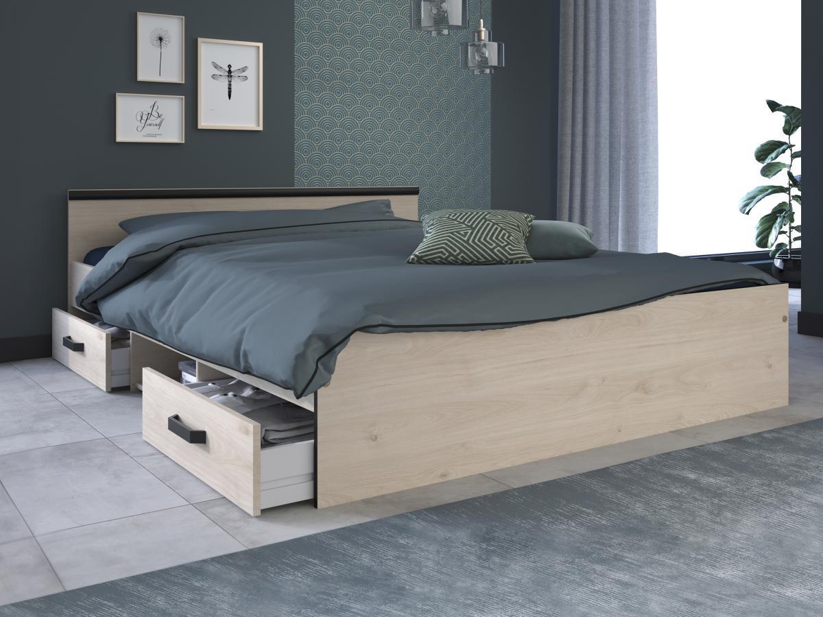 Vente-unique Lit avec rangements 140 x 190 cm - 2 tiroirs et 1 niche - Coloris : Naturel + Sommier + Matelas - PABLO  