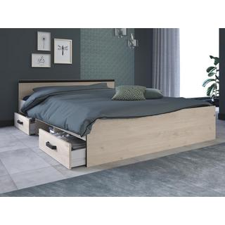 Vente-unique Lit avec rangements 140 x 190 cm - 2 tiroirs et 1 niche - Coloris : Naturel + Sommier + Matelas - PABLO  