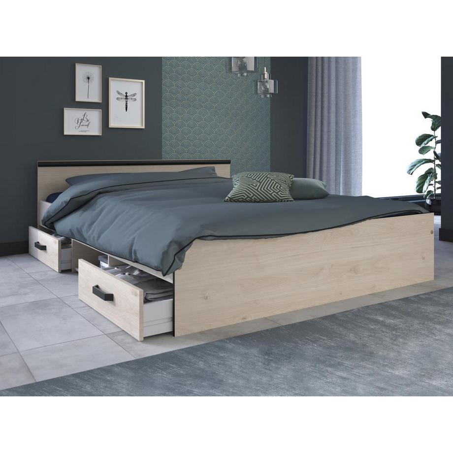 Vente-unique Letto con vani portaoggetti 140 x 190 cm 2 cassetti e 1 nicchia Naturale + Rete + Materasso - PABLO  