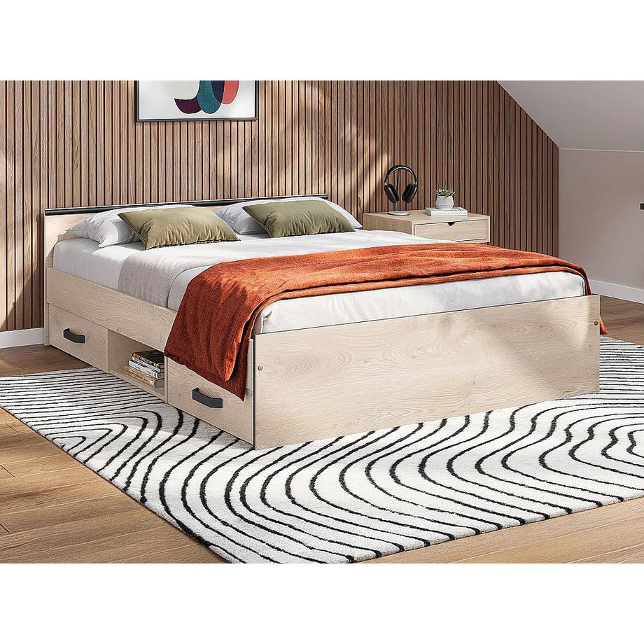 Vente-unique Letto con vani portaoggetti 140 x 190 cm 2 cassetti e 1 nicchia Naturale + Rete + Materasso - PABLO  