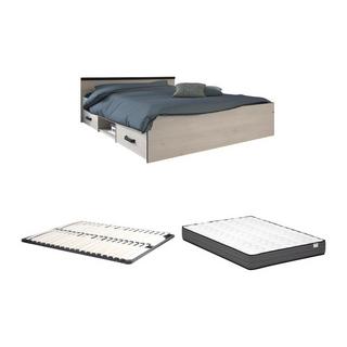 Vente-unique Lit avec rangements 140 x 190 cm - 2 tiroirs et 1 niche - Coloris : Naturel + Sommier + Matelas - PABLO  