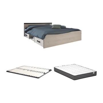 Lit avec rangements 140 x 190 cm - 2 tiroirs et 1 niche - Coloris : Naturel + Sommier + Matelas - PABLO