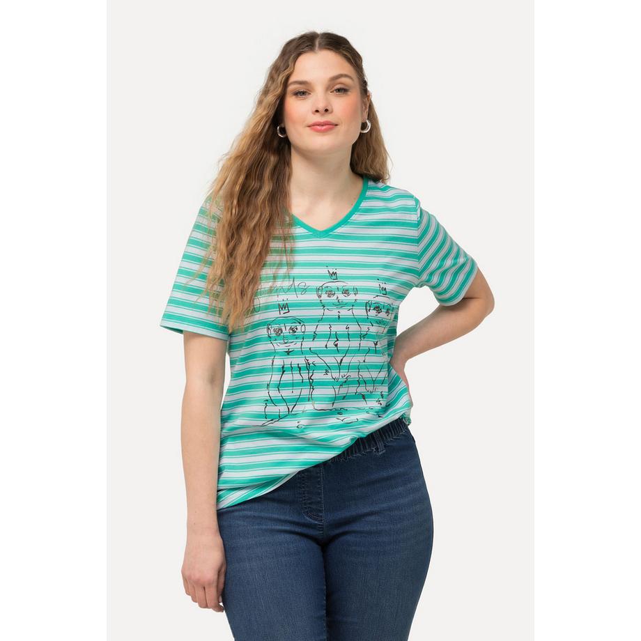 Ulla Popken Ringel Metallic Tiermotiv V-Ausschnitt Halbarm T-Shirt  