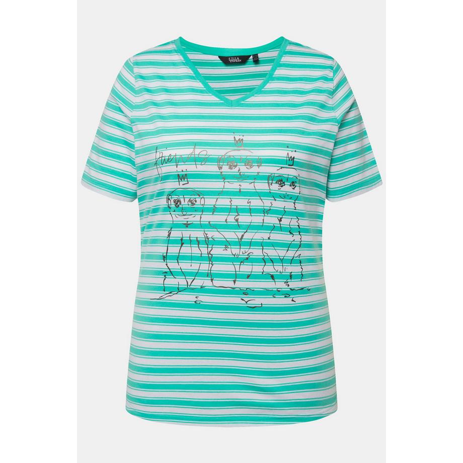Ulla Popken Ringel Metallic Tiermotiv V-Ausschnitt Halbarm T-Shirt  