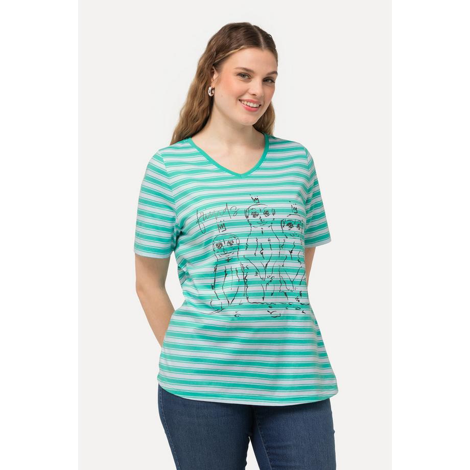 Ulla Popken Ringel Metallic Tiermotiv V-Ausschnitt Halbarm T-Shirt  