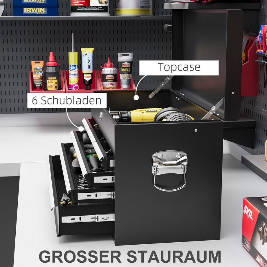 Northio Werkzeugkasten, Werkzeugkoffer ohne Werkzeug, mit 6 Schubladen, Schloss, Werkzeugbox mit Griff, Werkzeugkiste, Stahl, Schwarz, 60 x 26 x 34 cm  