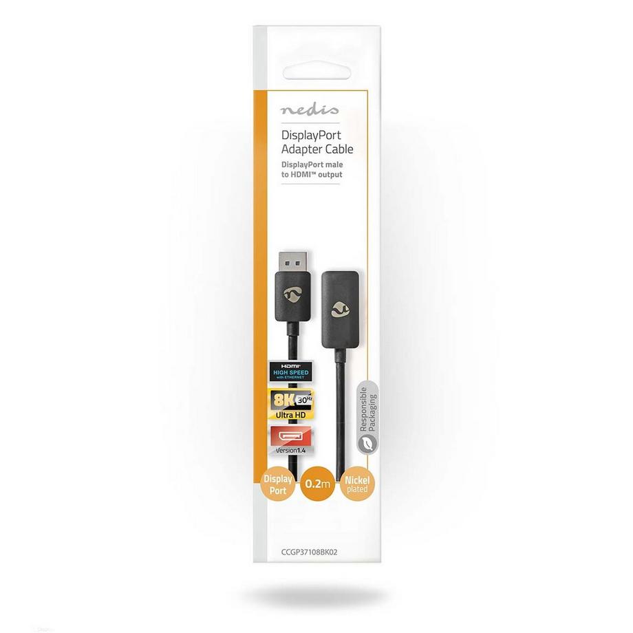 Nedis  Adaptateur Displayport | DisplayPort Male | HDMI™ Output | 8K@30Hz | Nickel Plated | Straight | 0.20m | Round | TPE | PVC | Black | Envelope 