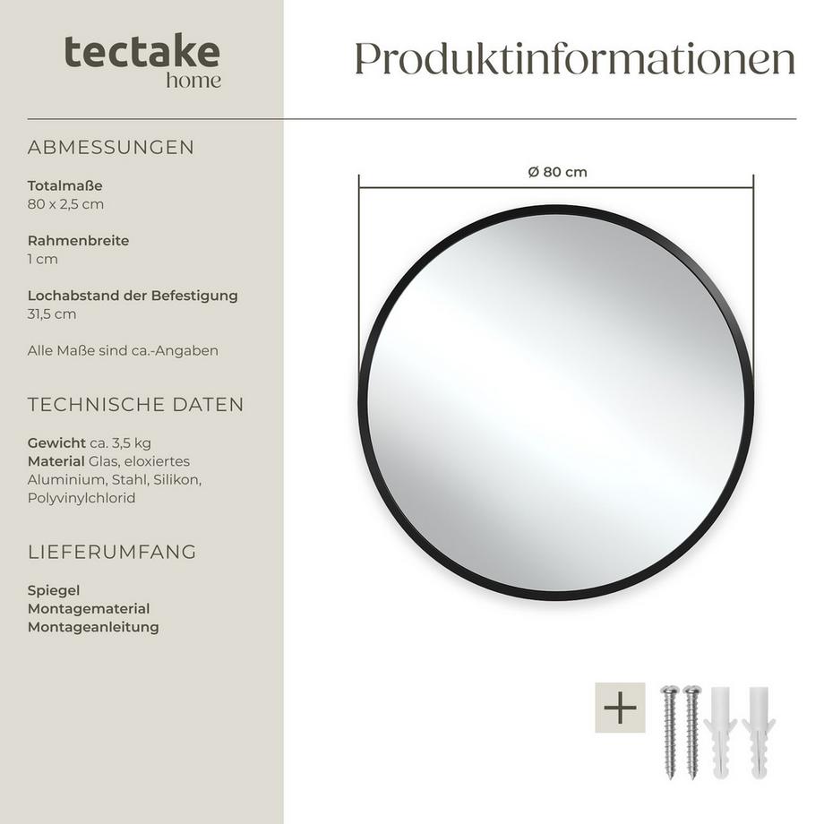 Tectake Miroir mural rond FIONA Ø 80 cm  