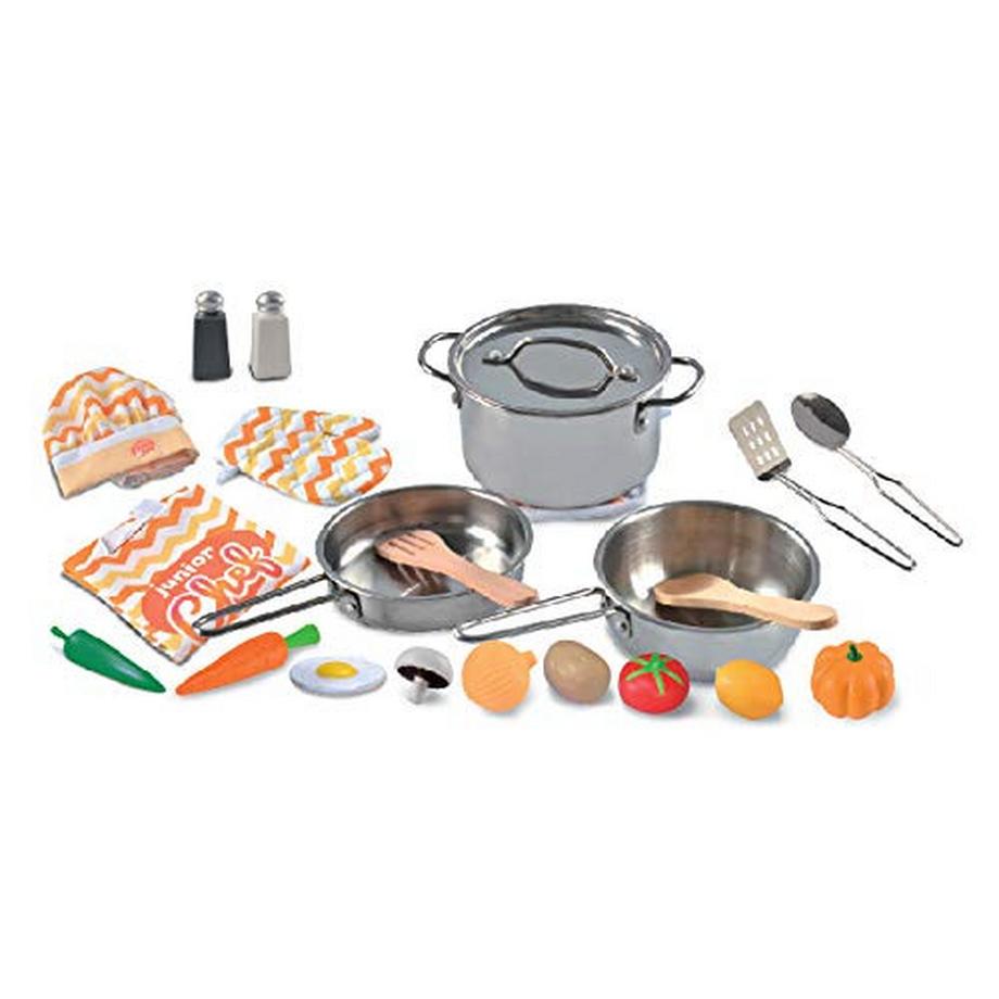 Activity-board  Küchenspielzeug Kinder Küche Spielzeug mit Edelstahl Kochgeschirr Töpfe und Pfannen Set, Schürze, 