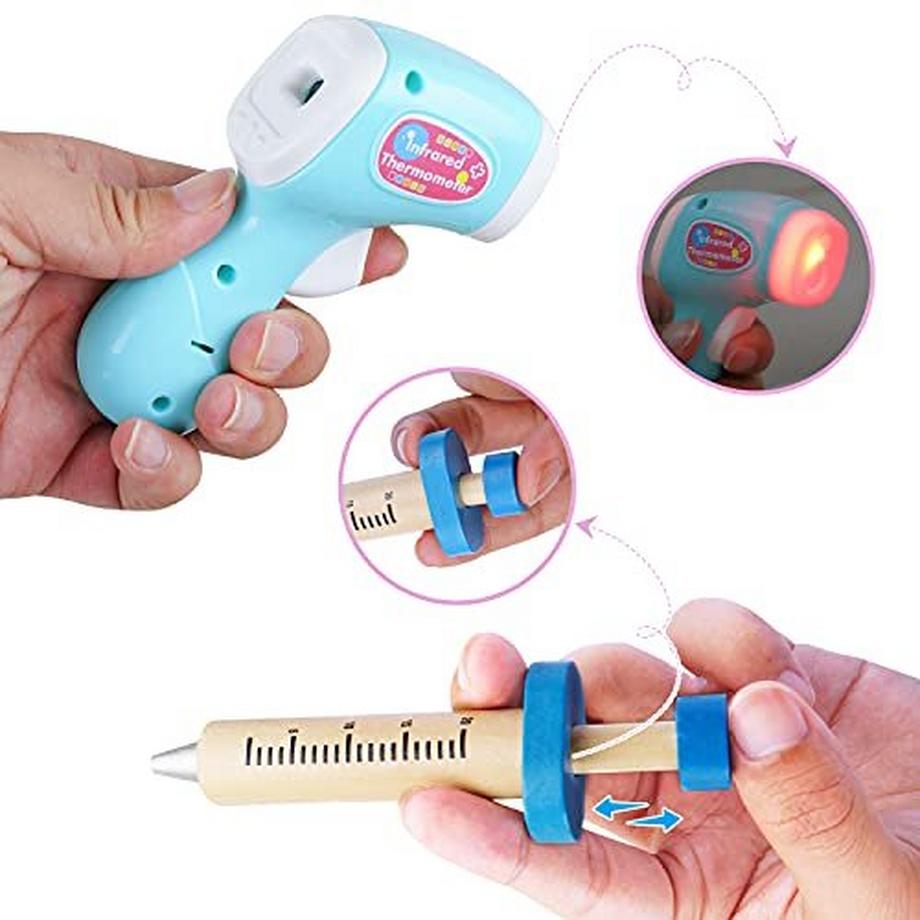 Activity-board  Mallette de médecin enfant mallette de médecin en bois mallette de médecin jouet, véritable stéthoscope, blouse de médecin kit de jeu de rôle pour médecin 