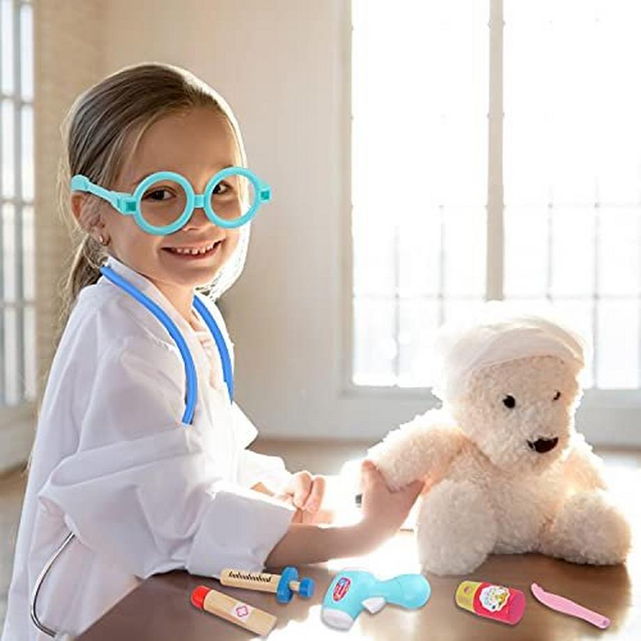 Activity-board  Mallette de médecin enfant mallette de médecin en bois mallette de médecin jouet, véritable stéthoscope, blouse de médecin kit de jeu de rôle pour médecin 