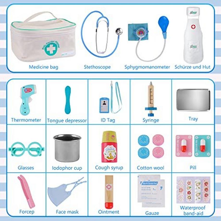 Activity-board  Mallette de médecin enfant mallette de médecin en bois mallette de médecin jouet, véritable stéthoscope, blouse de médecin kit de jeu de rôle pour médecin 