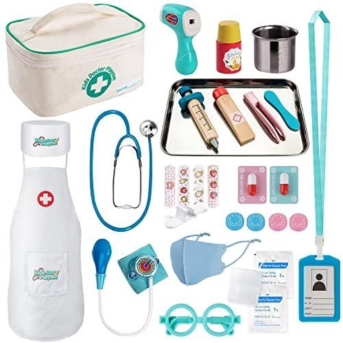 Activity-board  Mallette de médecin enfant mallette de médecin en bois mallette de médecin jouet, véritable stéthoscope, blouse de médecin kit de jeu de rôle pour médecin 