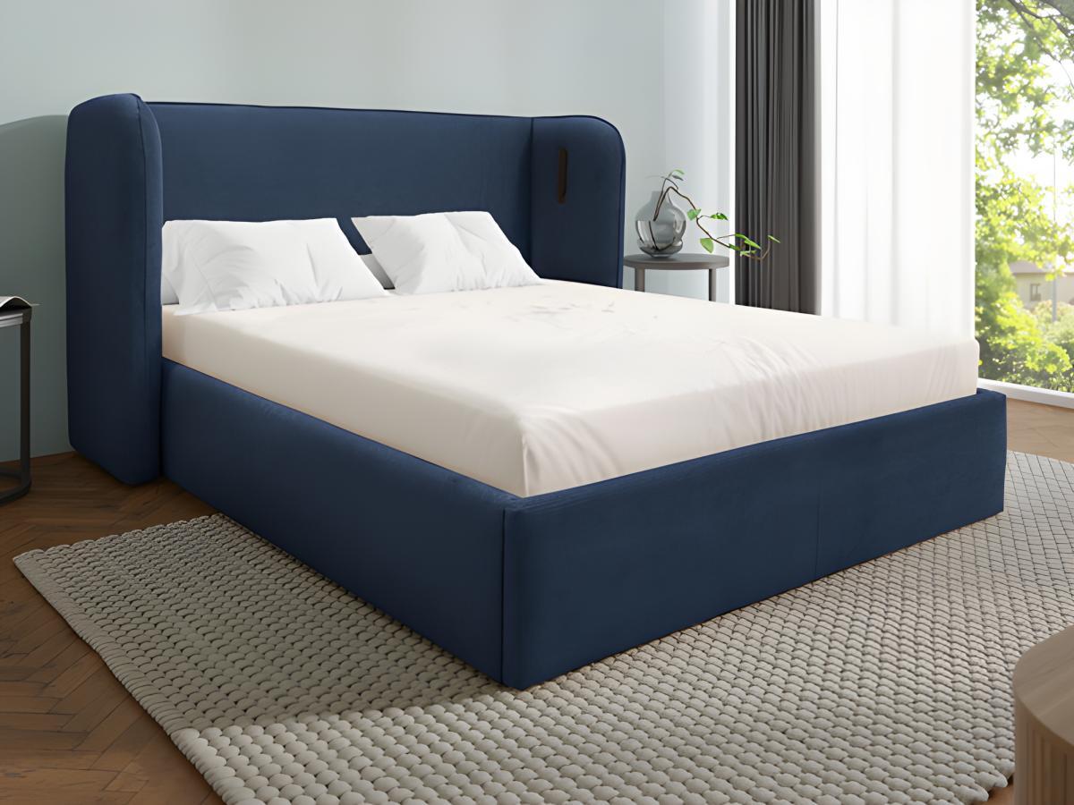 Vente-unique Letto con contenitore 160 x 200 cm con testata letto curva e LED Tessuto Blu + Materasso - STOKALI  