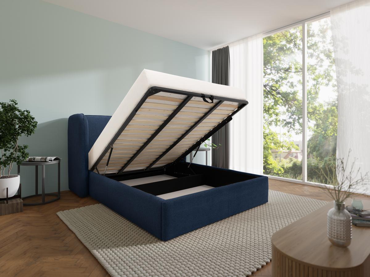 Vente-unique Letto con contenitore 160 x 200 cm con testata letto curva e LED Tessuto Blu + Materasso - STOKALI  