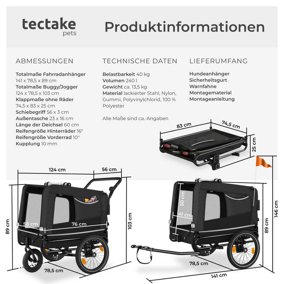Tectake  Hundeanhänger WoofRider 3in1 multifunktional faltbar 
