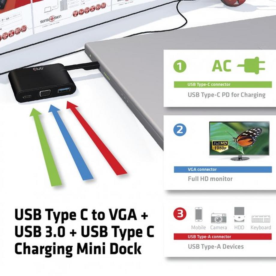 Club3D  USB Typ-C auf VGA + USB 3.0 + USB Typ-C Charging Mini Dock 