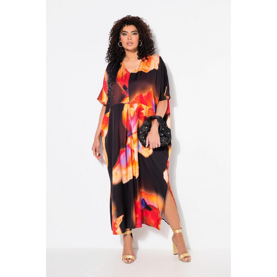 Ulla Popken Caftan en satin Fleurs Strass Décolleté V Manches Courtes  