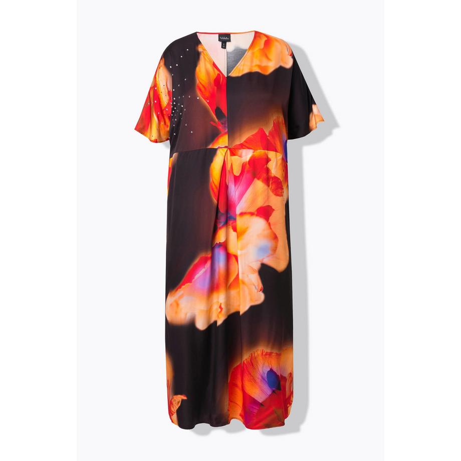 Ulla Popken Caftan en satin Fleurs Strass Décolleté V Manches Courtes  