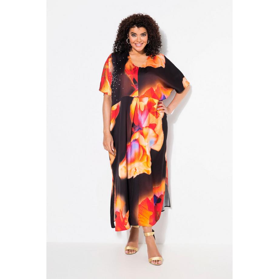 Ulla Popken Caftan en satin Fleurs Strass Décolleté V Manches Courtes  