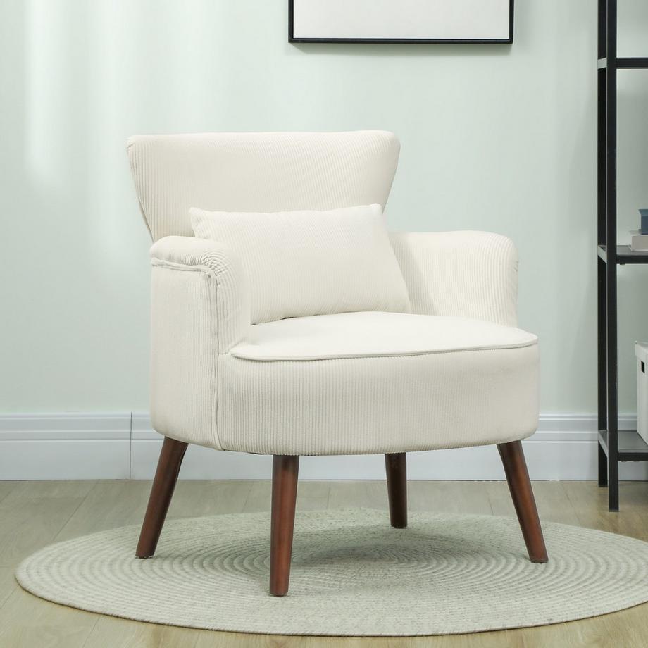 Northio Sessel mit Rückenlehne, abgerundeten Armlehnen, Gepolstert Loungesessel mit Kordoptik, Holzbeine, für Schlafzimmer, Wohnzimmer, bis 120 kg, Cremeweiß  