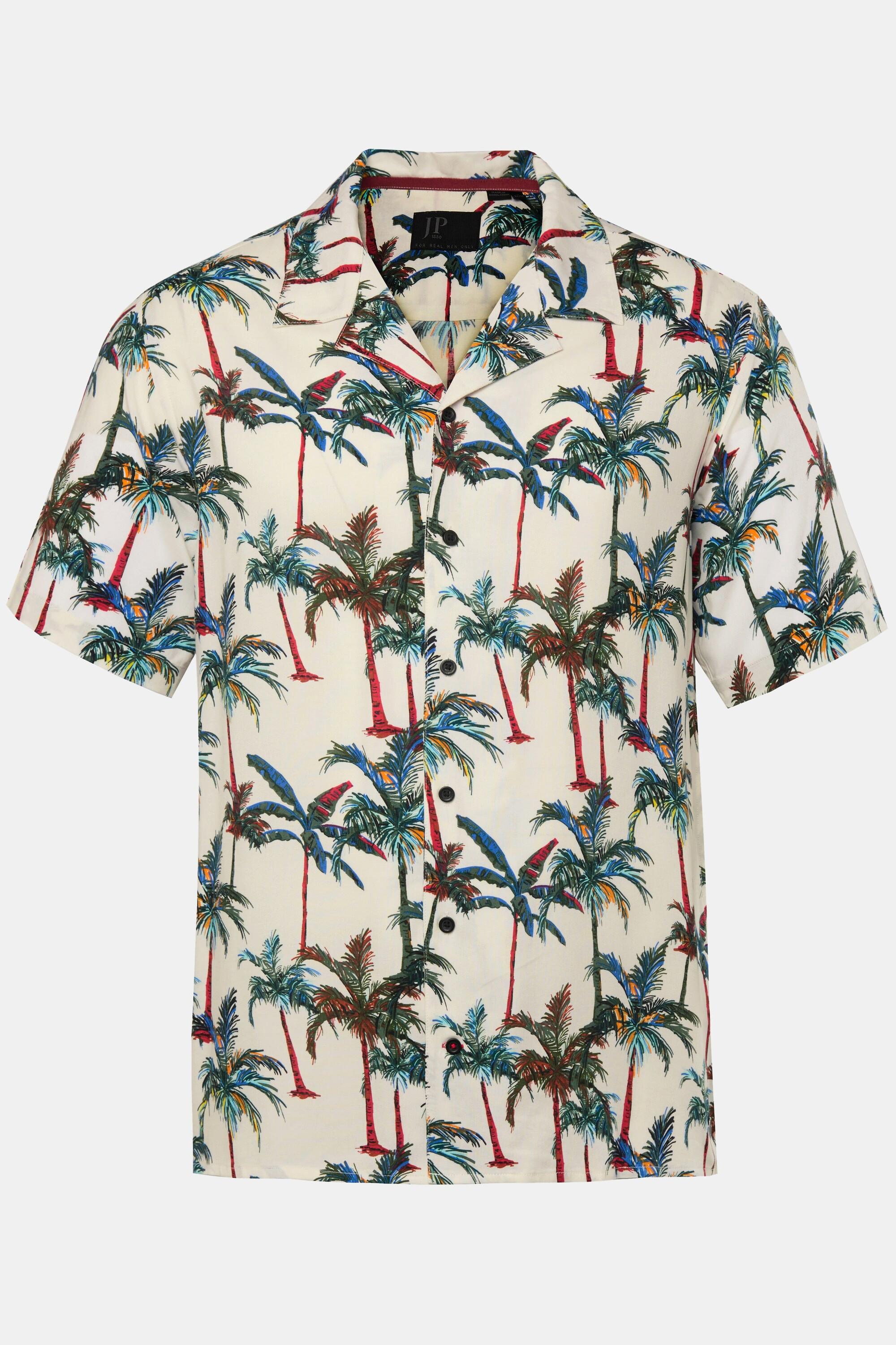 JP1880  Camicia in viscosa con taglio squadrato, stampa tropicale, mezze maniche e collo alla cubana, fino alla tg. 8XL 