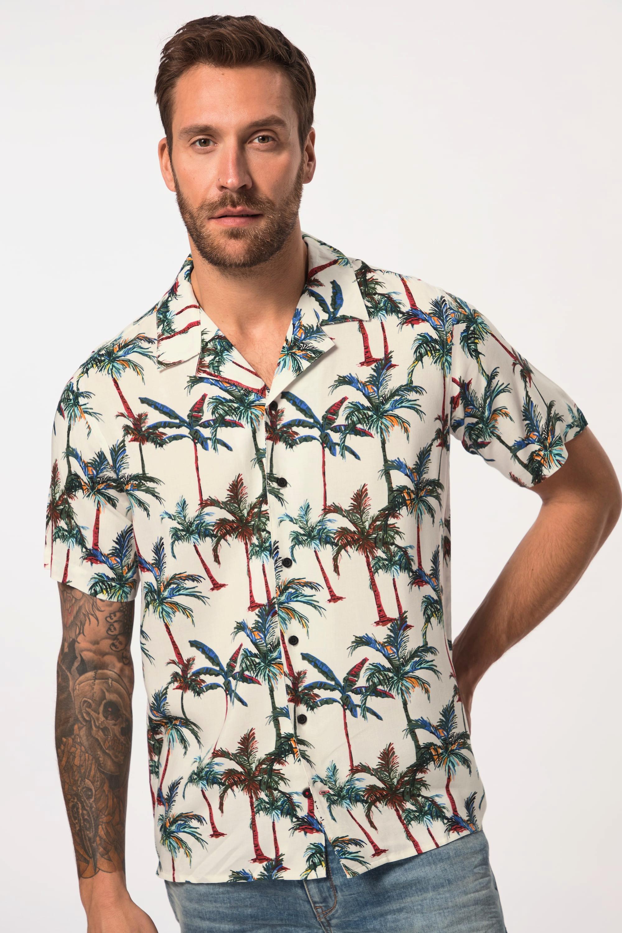 JP1880  Camicia in viscosa con taglio squadrato, stampa tropicale, mezze maniche e collo alla cubana, fino alla tg. 8XL 