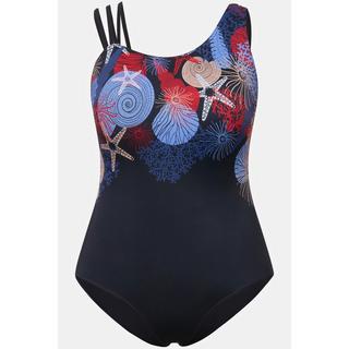 Ulla Popken  Maillot de bain avec bonnets souples. Bretelle à 3 bandes et motif coquillages. 