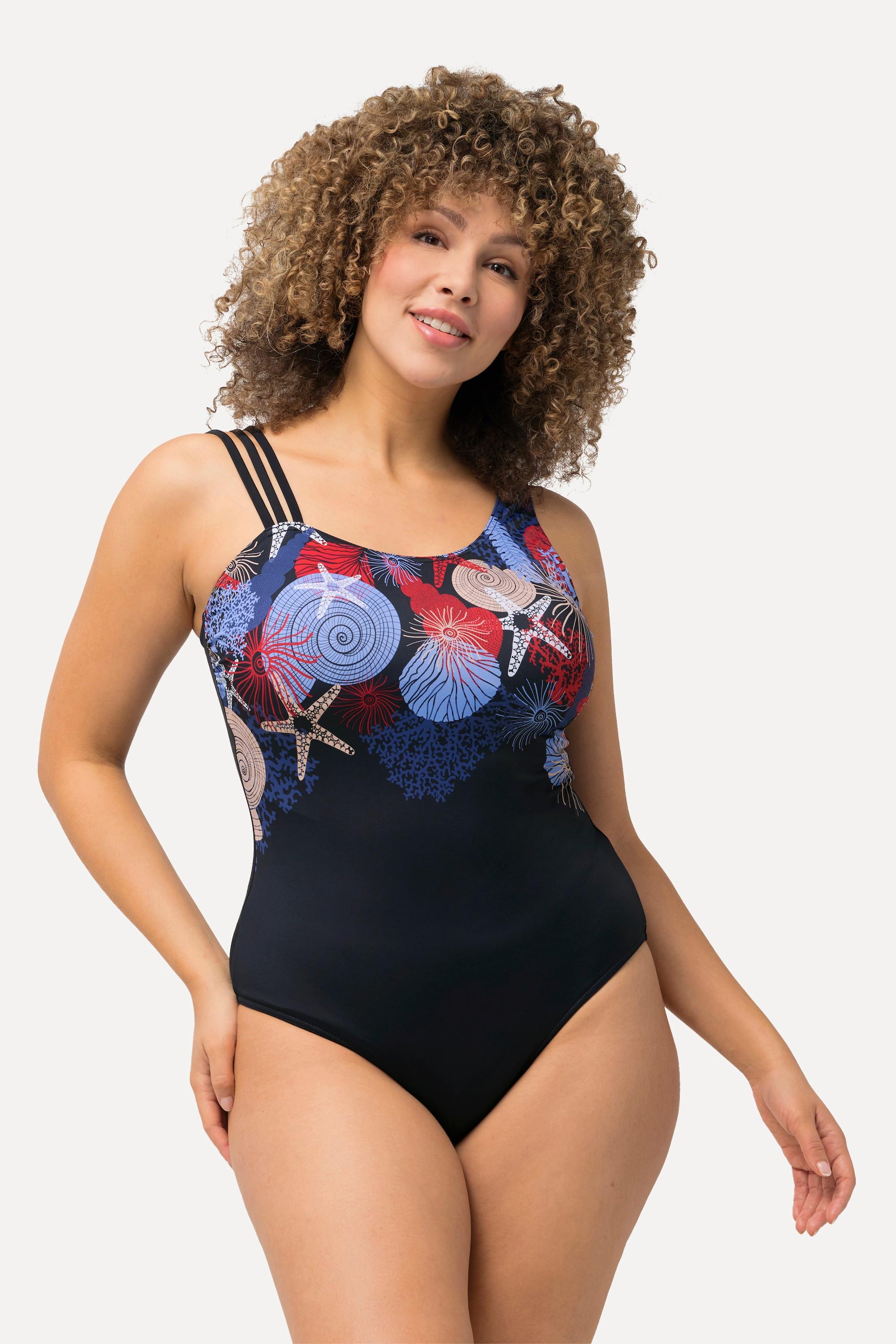 Ulla Popken  Maillot de bain avec bonnets souples. Bretelle à 3 bandes et motif coquillages. 