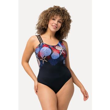 Maillot de bain avec bonnets souples. Bretelle à 3 bandes et motif coquillages.