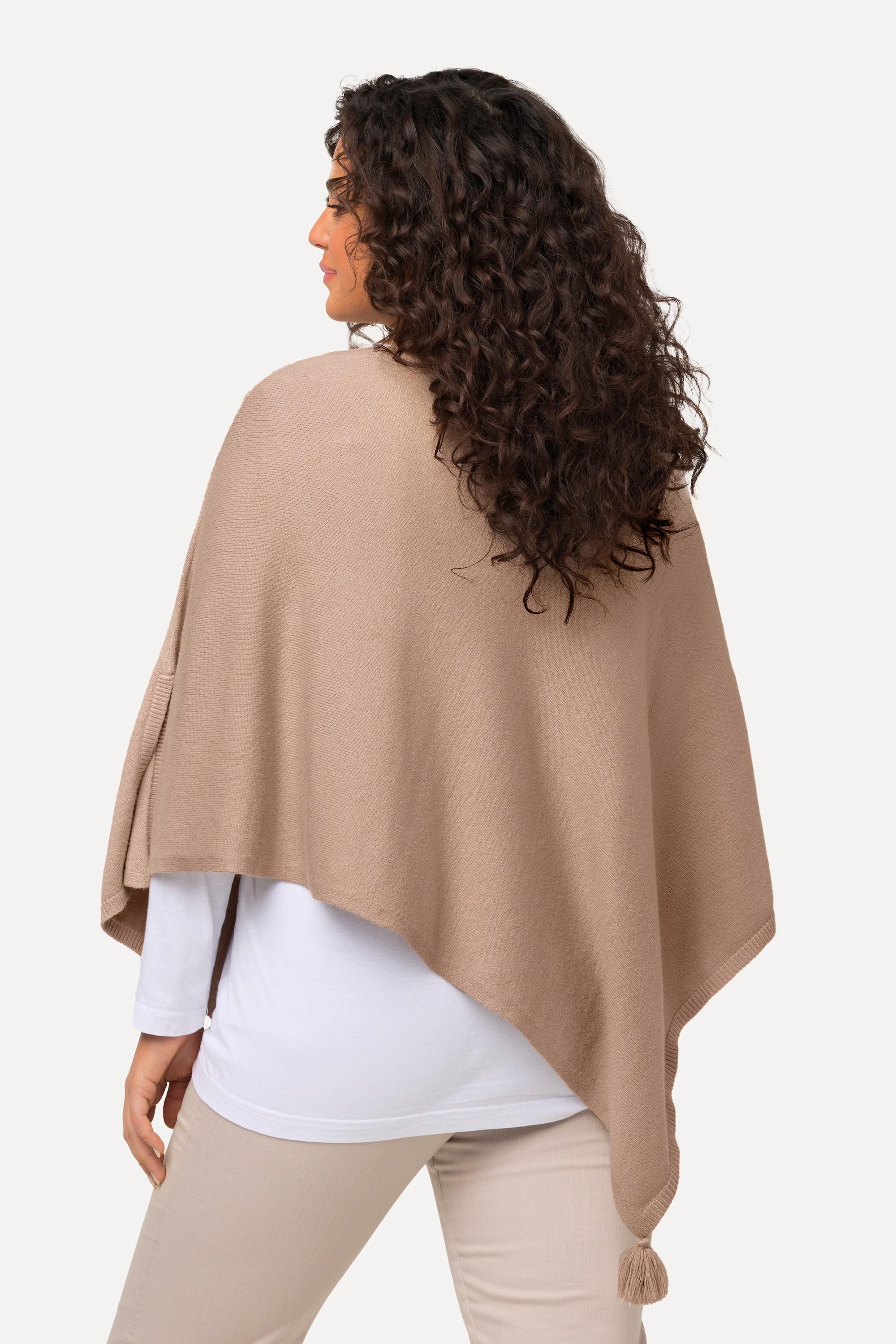 Ulla Popken  Poncho di maglia smanicato con orlo a punta, nappe e scollo a V 